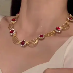 2026 New Vintage Ruby Diamond Statement Necklace, Luxury Gold Plated Choker, Elegant Red Gemstone Jewelry for Wedding and Party Occasions