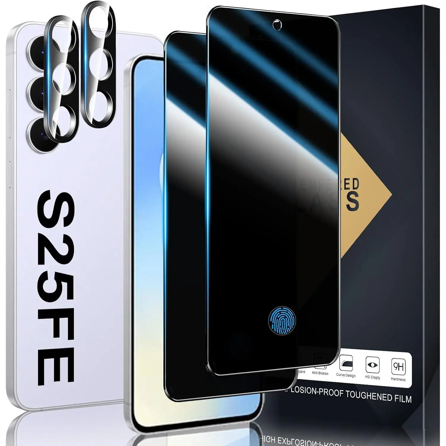 2+2 Pack  Screen Protector Compatible with Galaxy S25 FE 5G - 2 Tempered Film + 2 Camera Lens Glass - High Clarity - Bubble Free - Anti-Spy Protection - Anti-Shatter