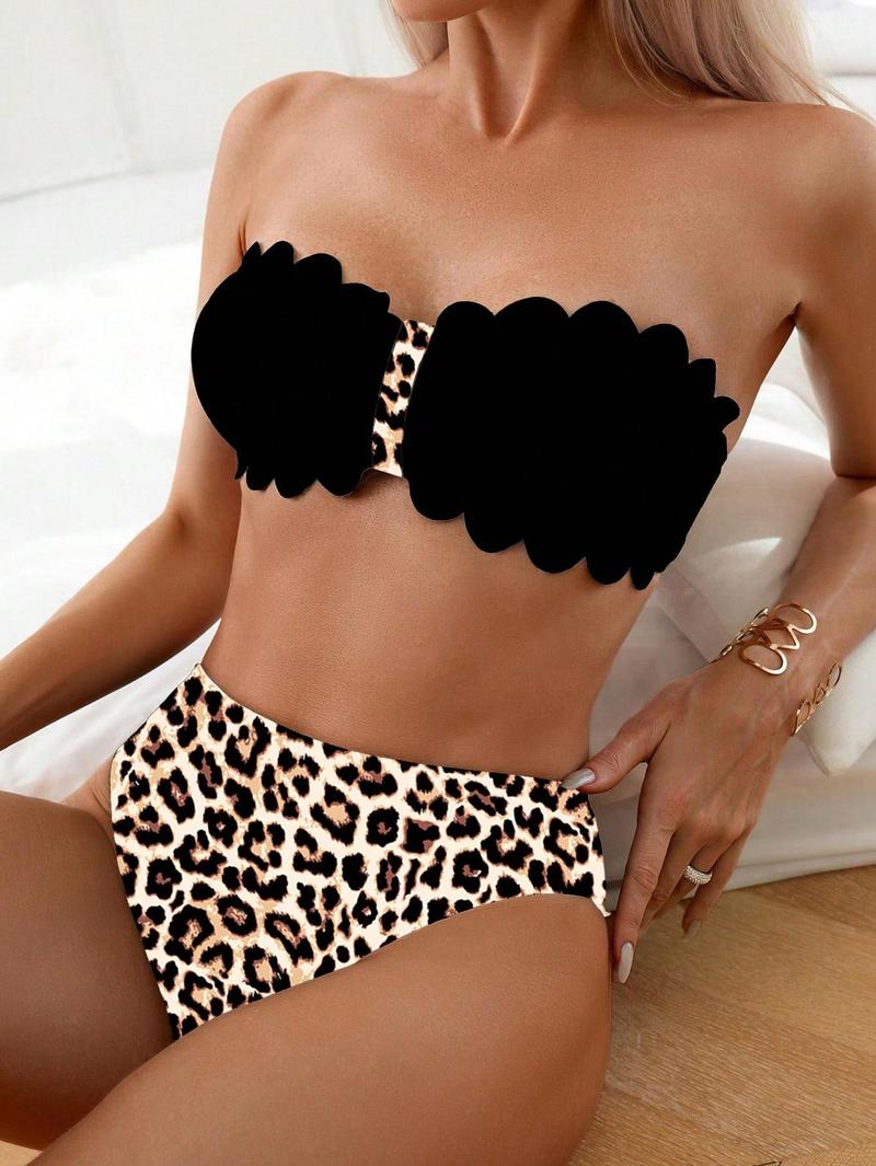 Women's Summer Beach Leopard Print Color Block Sexy Bandeau Bikini Set Leopard Print Bikini Strapless Bikini Two Piece Set