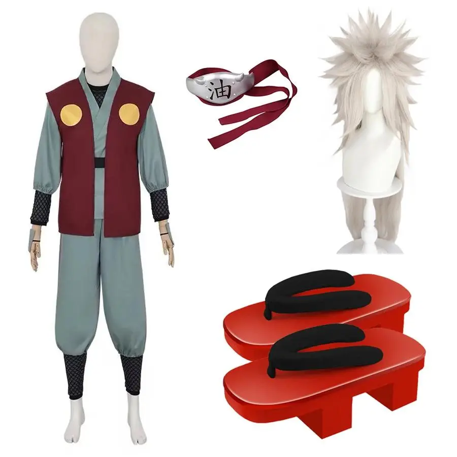 SingXeng Anime Jiraiya Cosplay Suit Costume Set - Uniform Cloth, Headband, Wig, Shoes & Accessory Kit for Halloween Party Fantasy Dressing Up