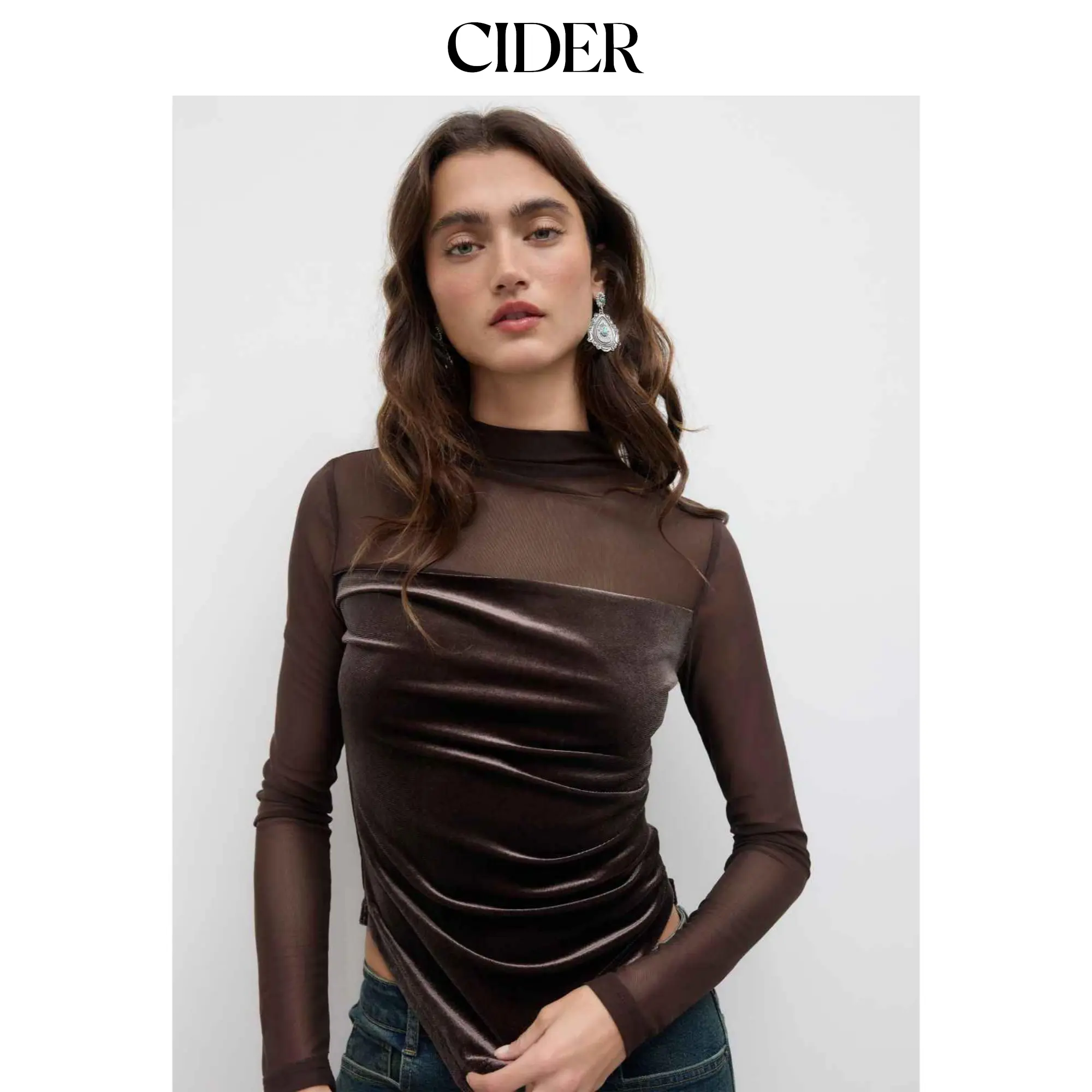 Cider Velvet High Neck Patched Asymmetrical Ruched Top SummerFinds