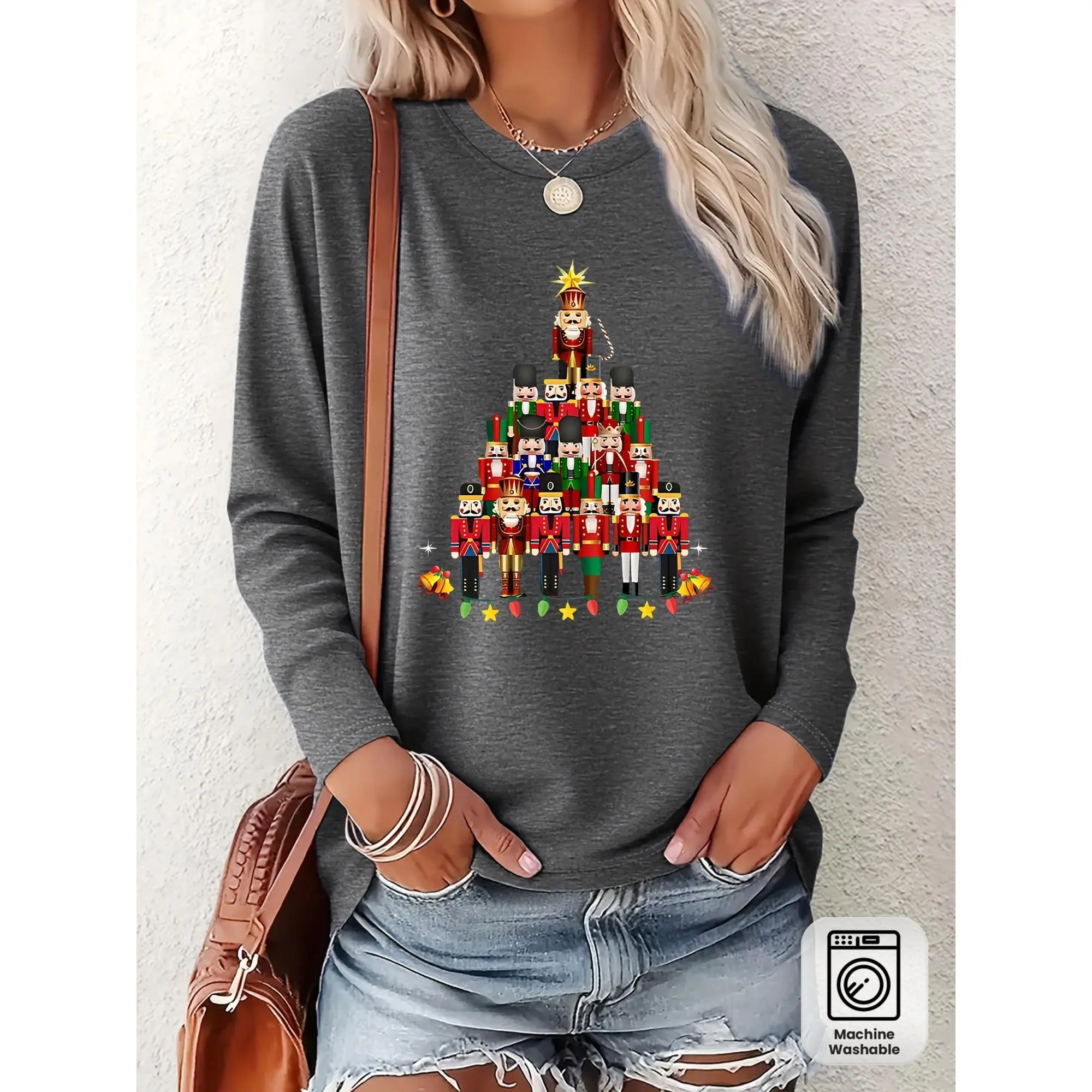 Women's Nutcracker Soldier Christmas Tree Print T-Shirt - Nutcracker & Ballerina-Inspired Layered Top (S-XXL) |   All-Season Casual Round Neck Tee with Iconic Nutcracker March Division Design |   Machine Washable Holiday Party Outfit