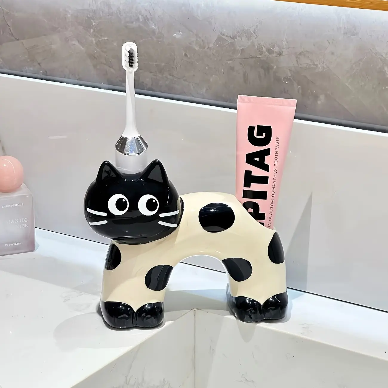 Multi-Use Spot Cat Toothbrush Holder, Ceramic Electric Toothbrush Stand, Makeup Brush and Pen Holder, Cute Desktop Decor