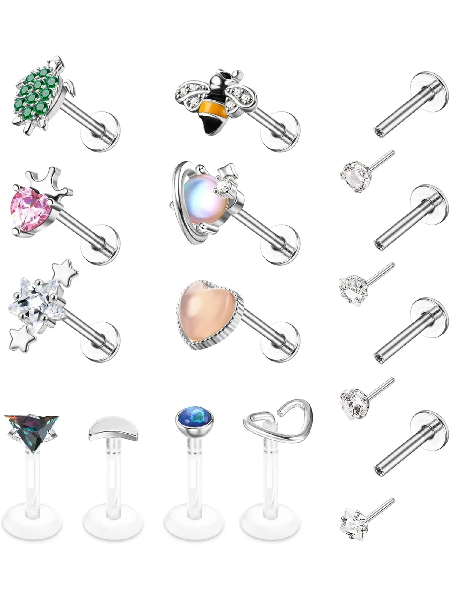 14PCS Surgical Steel Flat Back Piercing Jewelry Set, Multiple Piercing Jewelry 16G Tragus Helix Conch Labret Lip Rings & Nose Studs for Women