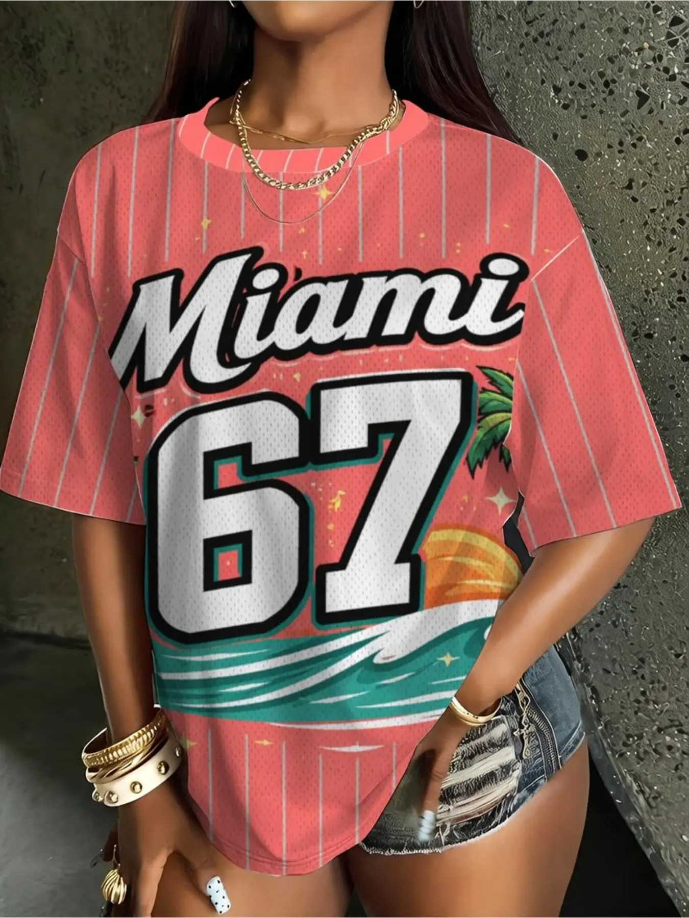 American Vintage Miami 67 Beach Palm Tree Stripe Mesh Baseball Jersey Short Sleeve, Y2K Style, Fitted, All Seasons, Unlined