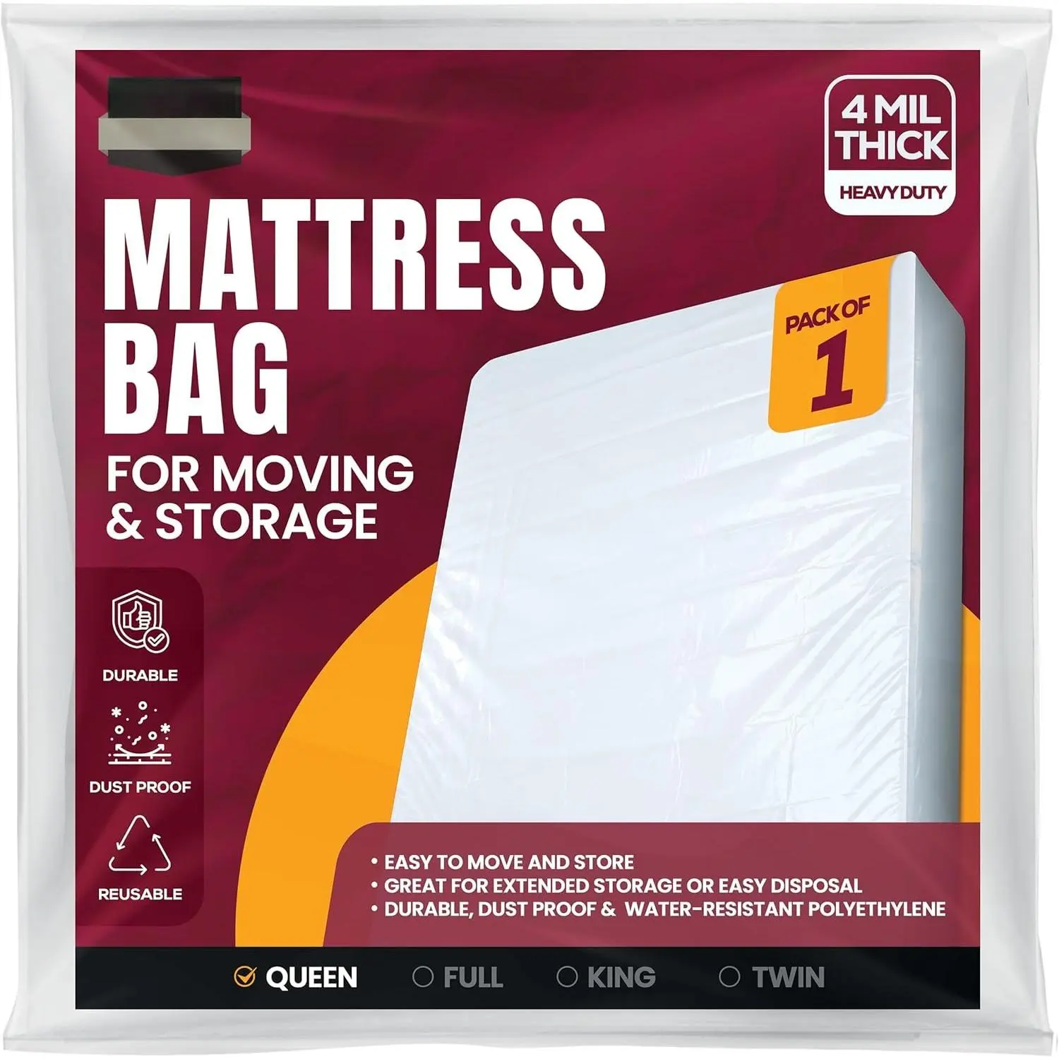 Synthetic Heavy Duty Durable Mattress Cover Bag, 4 Mil 60x100x14 Inches Plastic Encasement for Moving & Disposal, Fits Mattresses Up to 14 Inches, Cold Wash Compatible