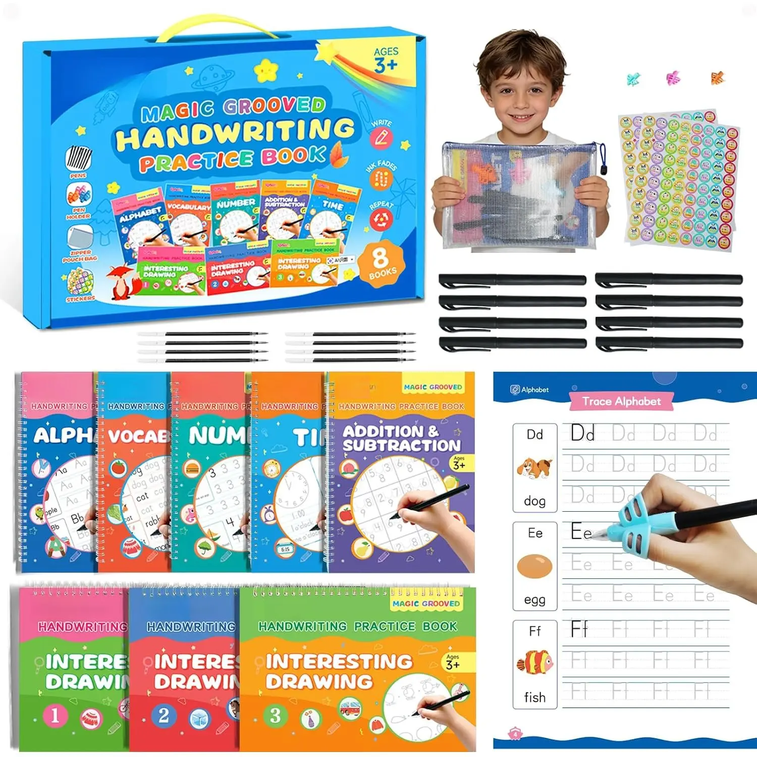 Magic Grooved Writing Practice for  Ages 3-8, Handwriting Practice for  8 Books,  Tracing Books,  Grooved Writing Books with Disappearing Ink, Gifts for 3 Year Old Boy