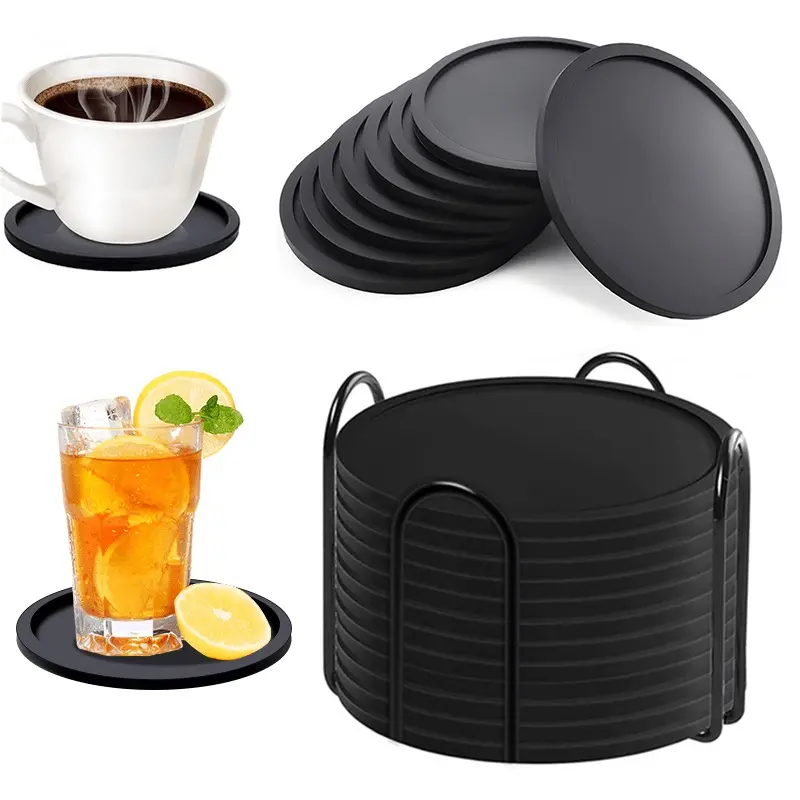 12-Pack Black Silicone Coasters with Holder, 4-Inch Absorbent Non-Slip Heat-Resistant Drink Coasters for Home, Office & Bar