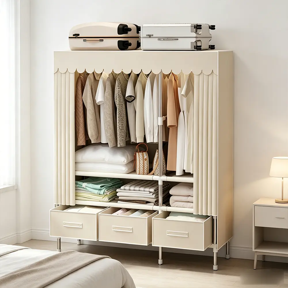 Clothing Storage Wardrobe, Easy to Assemble Modern Minimalist Bedroom Closet with 3 Drawers, 2 Storage Shelves & 2 Hanging Rods, 17.71 Inches Wide Portable Garment Organizer, Reinforced Steel Frame Clothes Closet for Rental Rooms & Dormitories