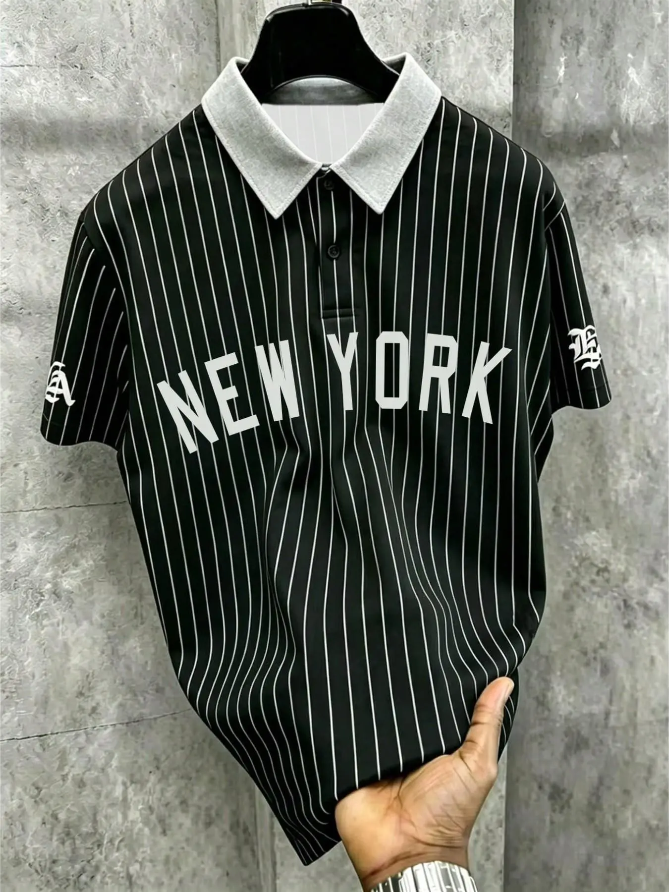 Men's Vertical Stripes Polo Shirt, Vintage New York Letter Print, Collar, Double Button, Loose Fit, Casual Short Sleeve Top