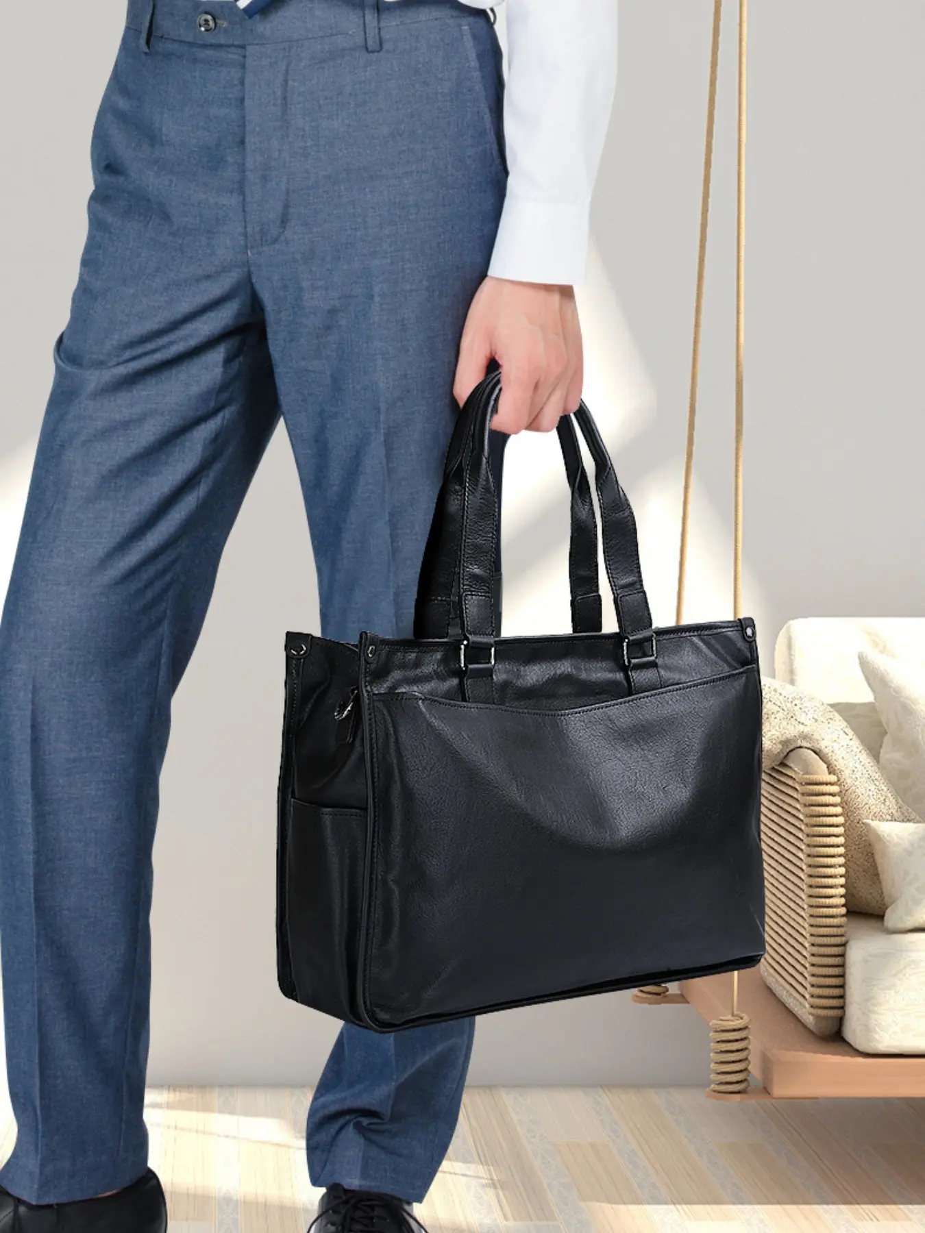 Men's Leather Computer Tote Bag, Large Capacity for 15-Inch Laptop, Casual Handheld Business Bag, Daily Office Supplies Organizer