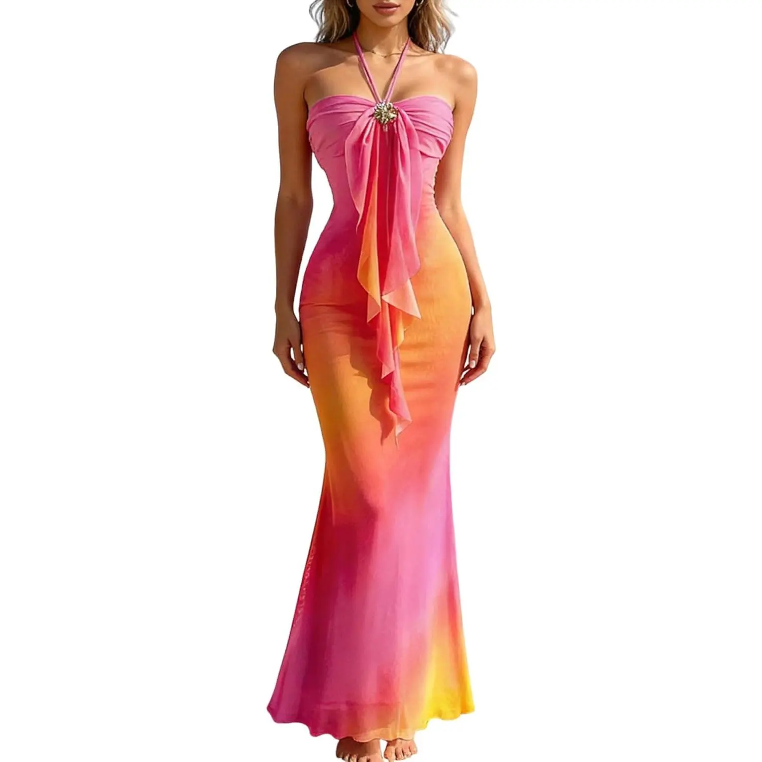 GORGLITTER Women's Floral Ombre Boho Halter Fishtail Maxi Dress, Festival Wear Party Fit Clothes for Vacation Beach Cocktail Sunset, Outfit of the Night Dress Up Option