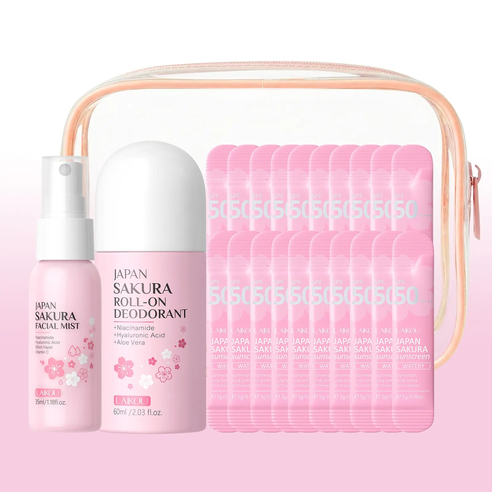 LAIKOU Japan Sakura Summer Skin Care Set, Beauty Sets, 4-in-1 UV Protection & Refreshing Travel Kit with Travel Sunscreen Packets 20Pcs, Roll-On Deodorant 60ml, Hydrating Facial Mist 35ml and Pink Waterproof Bag