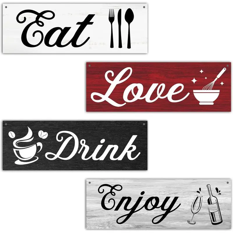 4 Pcs Kitchen Wall Decor Sign, Dining Room Wall Art Decor Gift, Eat Drink Enjoy Love Wooden Hanging Plaque Sign For Farmhouse Home Kitchen Dining Room Coffee Bar Cafe Restaurant -22