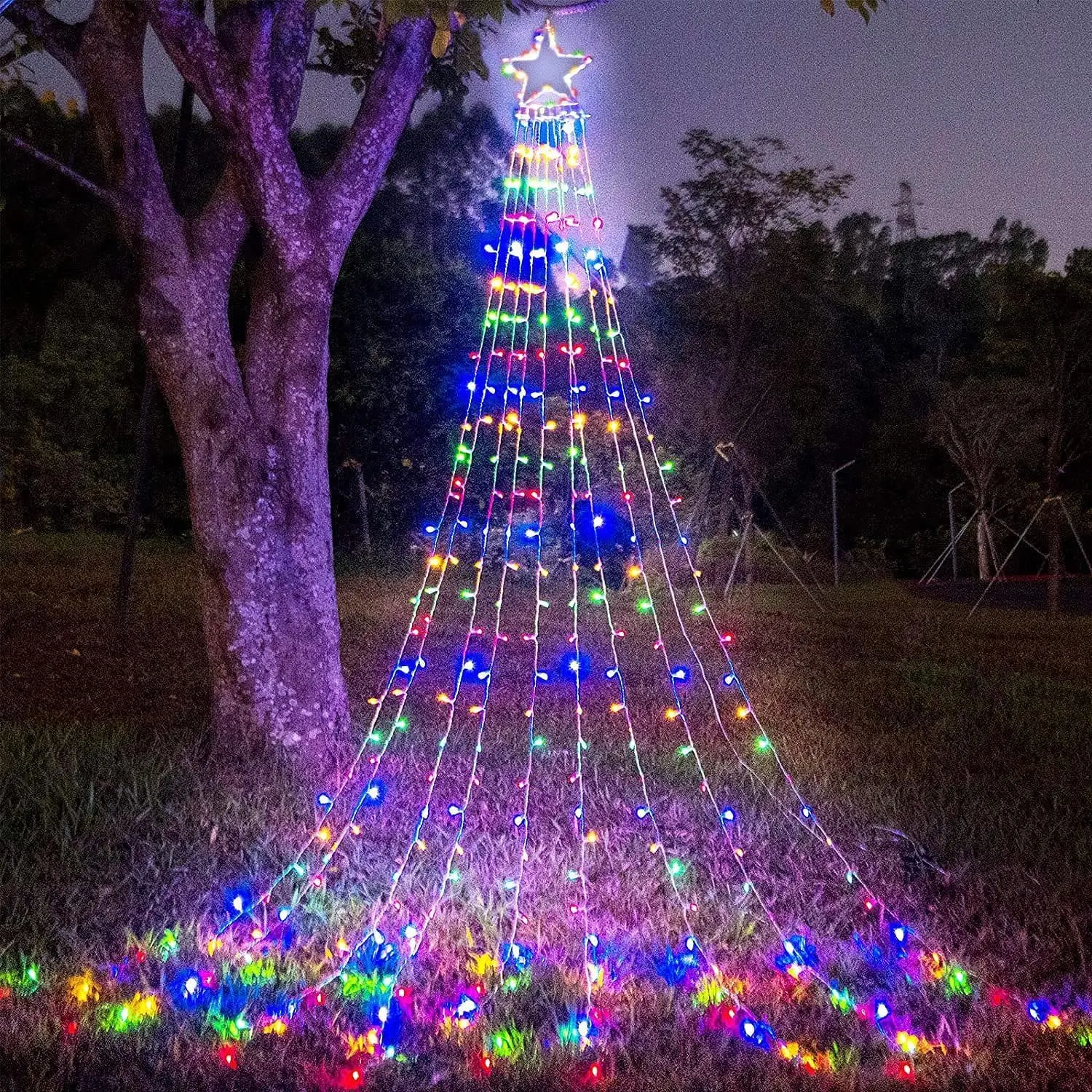 Christmas Decoration Lights, Outdoor Christmas String Lights 320 LED 11.5Ft Waterfall Tree Light with Big  Topper 8 Light Modes for Xmas  Year Holiday Yard Indoor Decor-Iron Multicolor