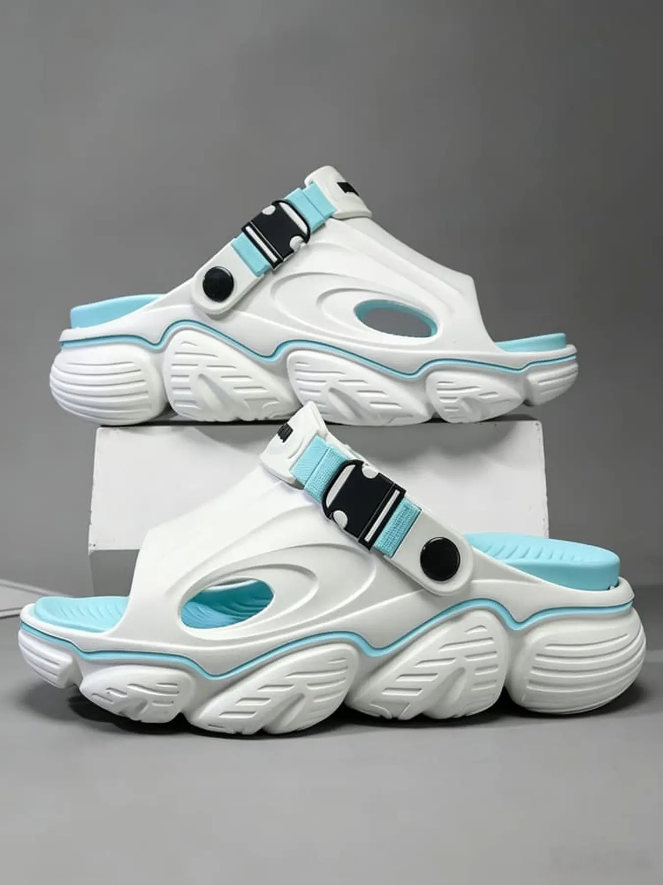 Men Mecha Style EVA Platform Slide Sandals, Adjustable Strap Heel Buckle Hollow Breathable Anti-Slip Cushioned Slides For Beach Outdoor