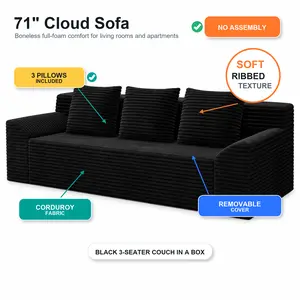 71" Rectangular Ribbed Corduroy Modular Sofa Sectional - 3-Seater Pre-Assembled Deep Seat Sofa with Fixed Arms, Pillows for Small Spaces Living Room Apartment, Washable Comfy Couch