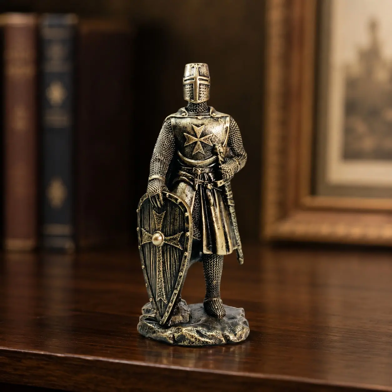 1pc Medieval Knight Figurine, Vintage Resin Warrior Statue with Shield, Sword & Armor, Desk and Shelf Decor for Office, Study, Bookshelf & Gift for Men