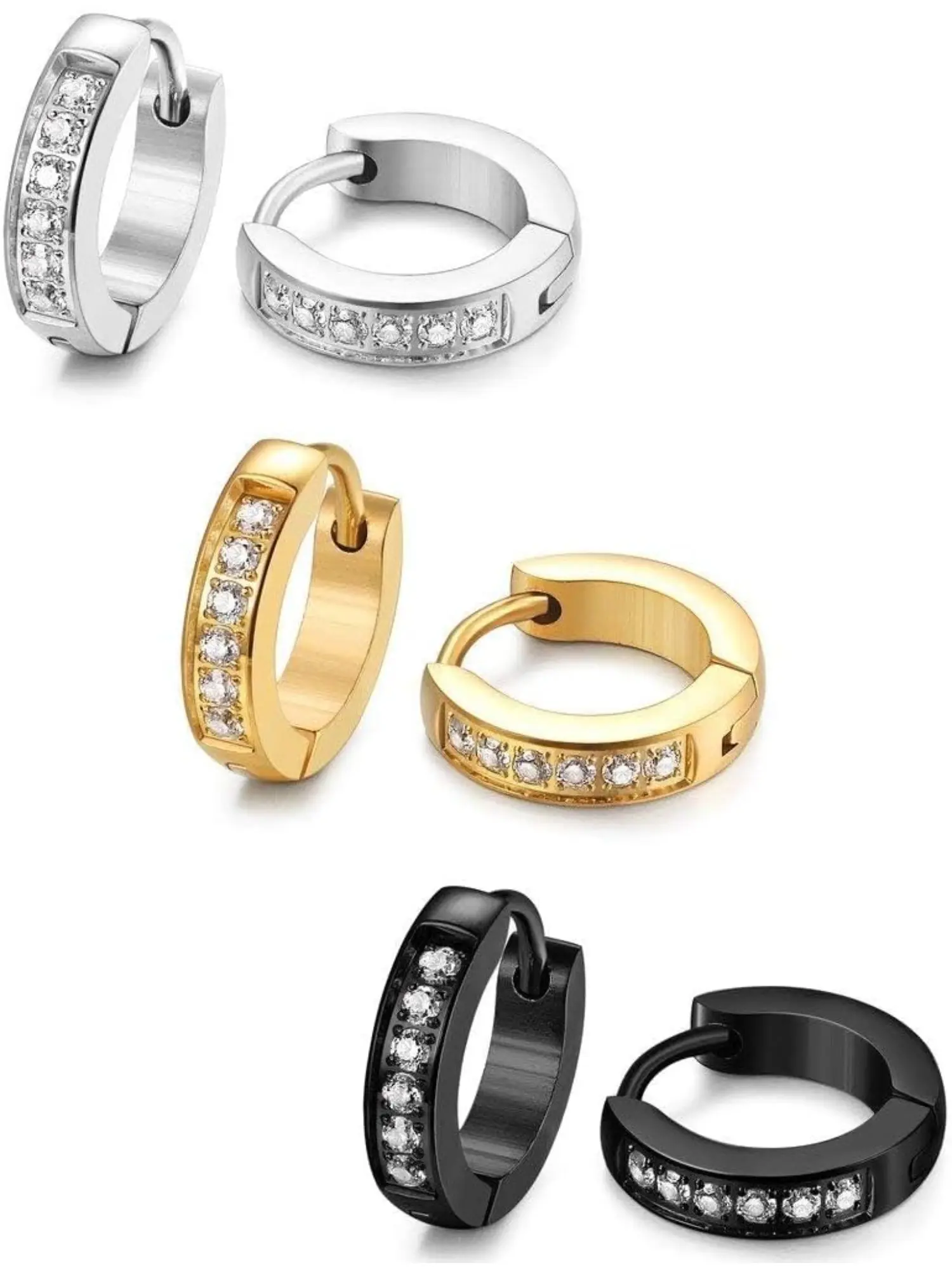 13MM Stainless Steel Huggie Hoop Earrings for Men Women, Small Shiny CZ Inlaid Cartilage Piercing Hoops, Fashion Earrings, Ideal for Daily Punk Street Party Wear