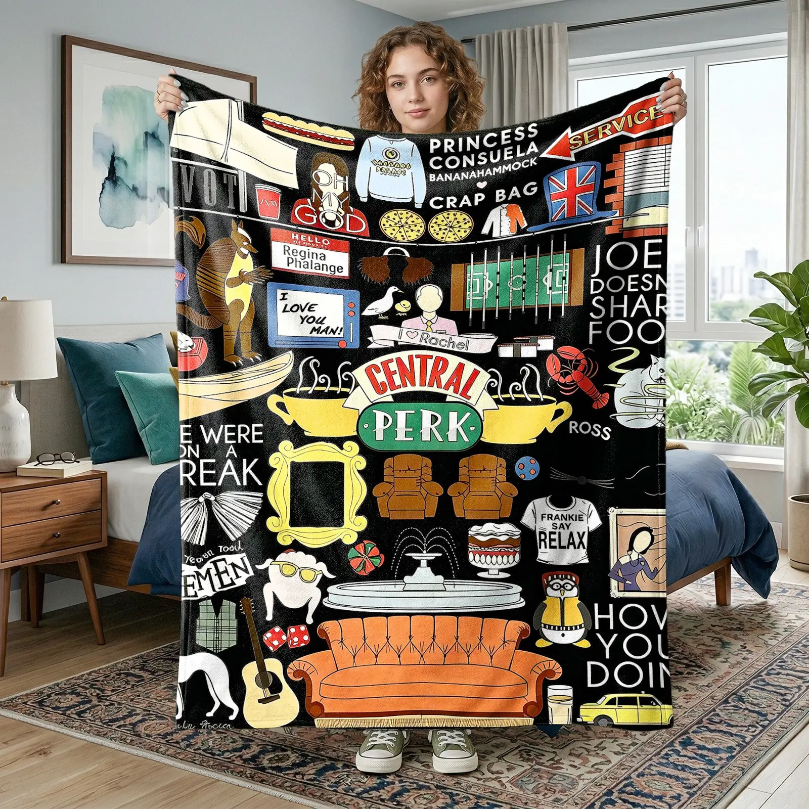 1pc Friends Classic TV Show Collage Fleece Blanket, Central Perk, Orange Sofa, Classic Props & Famous Show Lines All-Over Print, Retro American Sitcom Style. Soft Multi-use Throw for Sofa, Bed, Office, Camping, Perfect Christmas Gift.