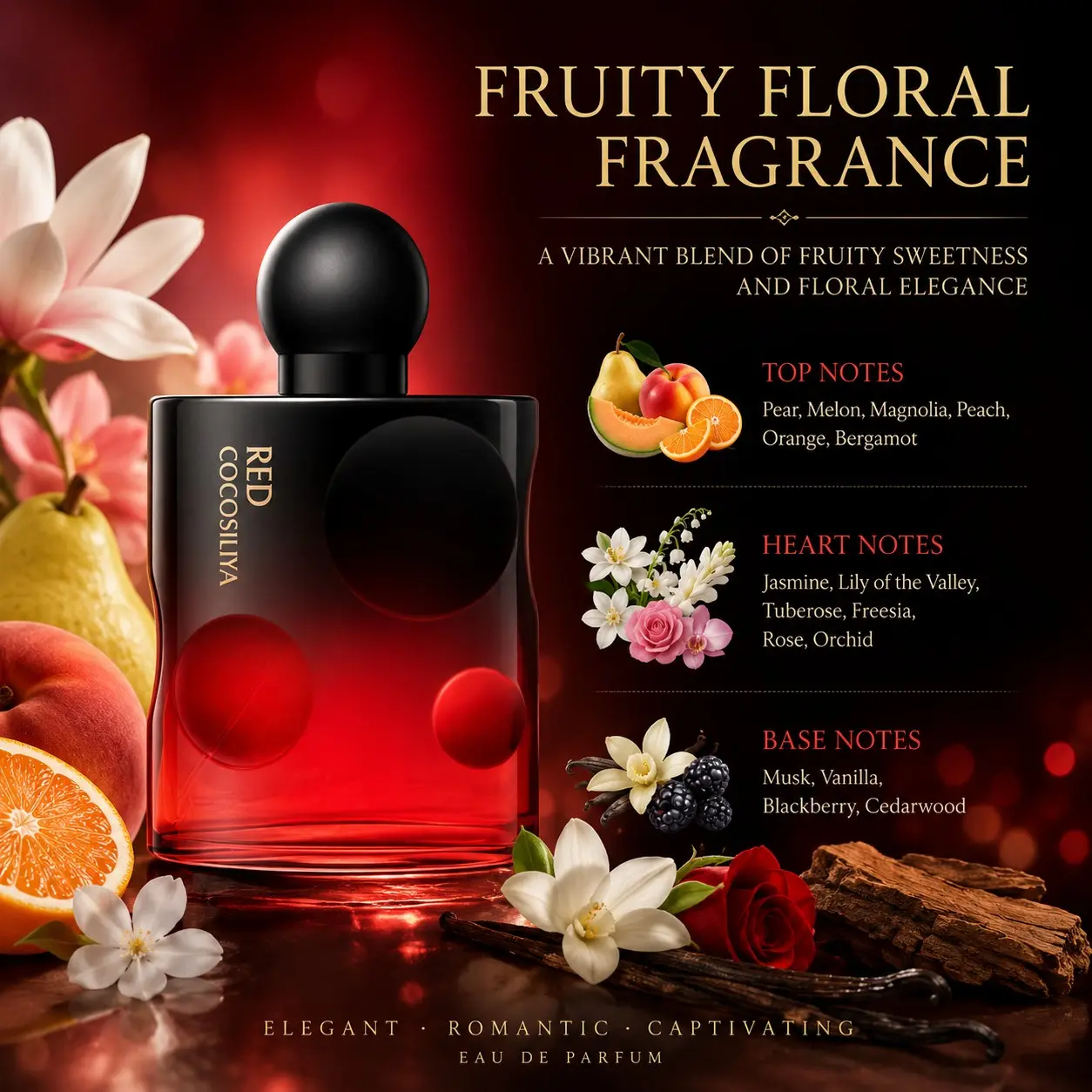 Aoao Brand Perfume,  Red Seduction Fruity Floral Top Notes: Pear, Melon, Peach, Lemon, Middle Notes: Jasmine, Lily of the Valley, Rose, Orchid, Base Notes: Musk, Vanilla, Blackberry, Cedarwood, Citrus Floral Perfume