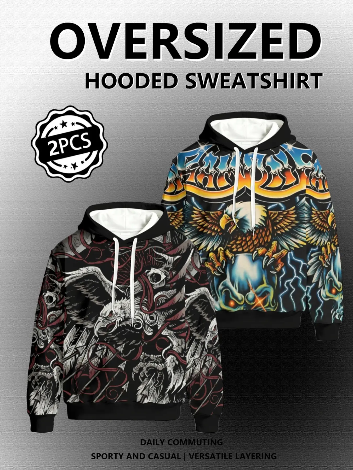 Men's Loose Hoodie Set, Bald Eagle Flame Lightning & Vintage Hawk Skull Print, Large Size Streetwear Pullover, Casual All-Season Clothing