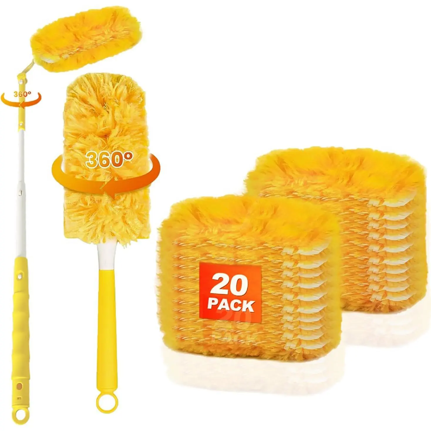 20-Pack Duster Refills Compatible for  Duster, 360° Heavy Duty Duster Refills with 1 Extended Handle 3FT +1 Short Handle, Multi-Surface Cleaning Kit for Blinds Bookshelf Furniture Ceiling Fans