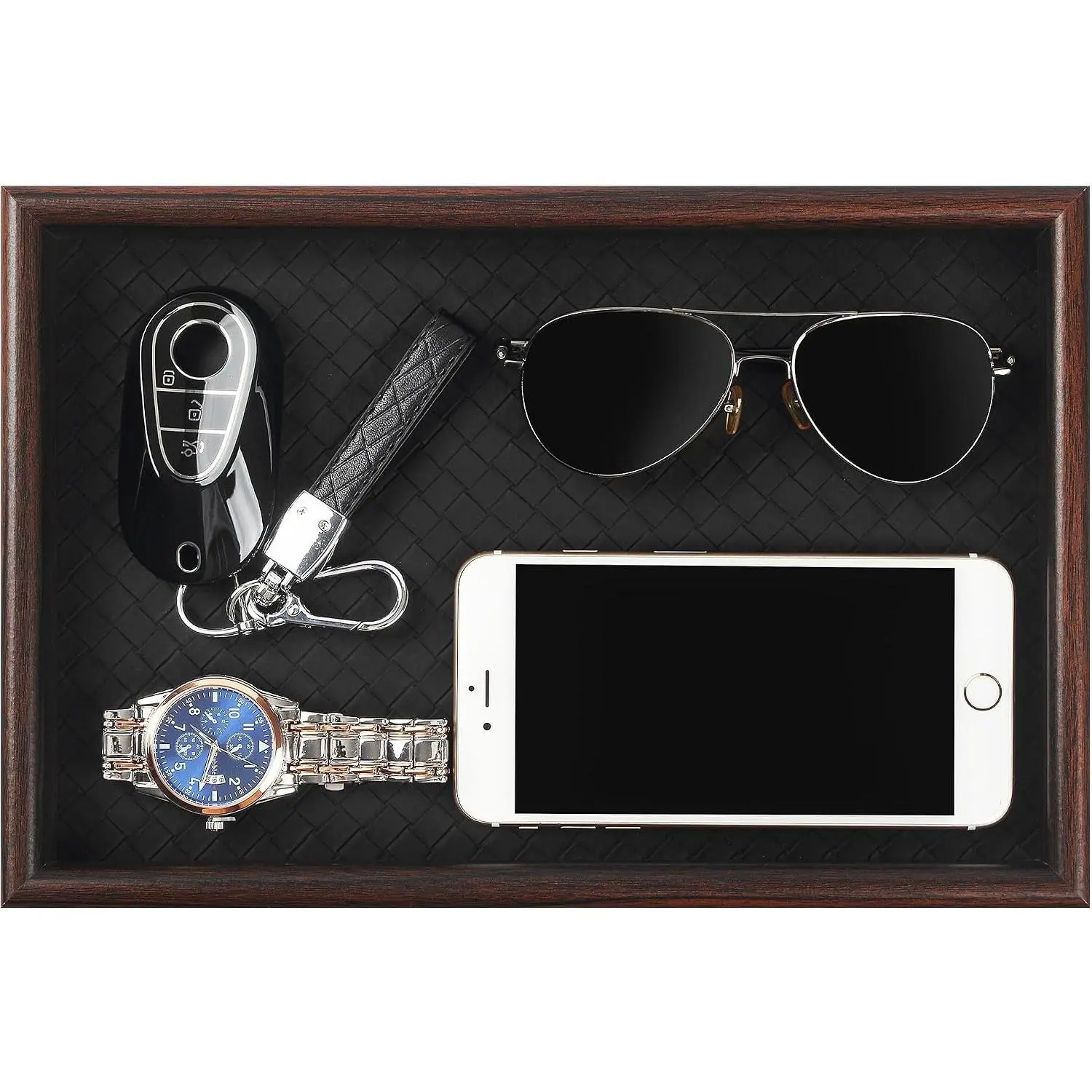 Black Wooden Valet Tray with Leather Base - Nightstand Catchall Organizer for Cologne, Perfume, Keys, Wallet, Phone, Watch, Jewelry & SunglassesGift