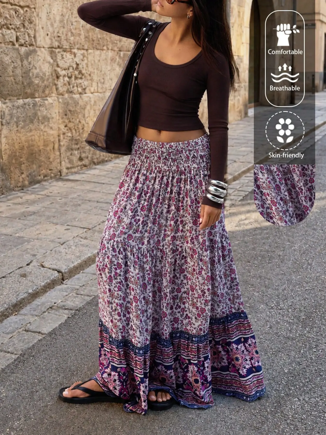 Boho Floral Patchwork High Waist Tiered Midi Skirt, Fall Winter Vintage Ethnic Travel Skirt, Breathable Soft Fabric, American Vacation Style