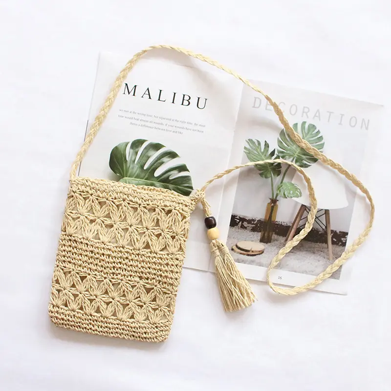 Women's Handmade Woven Straw Crossbody Bag - Open Weave Beach Purse with Tassel Detail, Tasseled Strap, Casual Summer Bag for Vacation, Daily Use, Straw/Bamboo Material