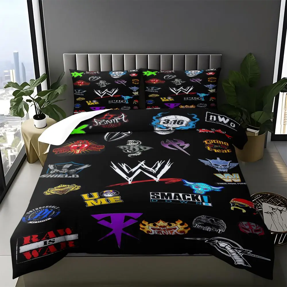 2/3Pcs Wrestling Logo Bedding Set, Pro Wrestling Duvet Cover Set, Iconic Wrestler Graphics Comforter Cover, Ultra-Soft Duvet Cover with Pillowcase, Gift for Sports Fans No Fillers