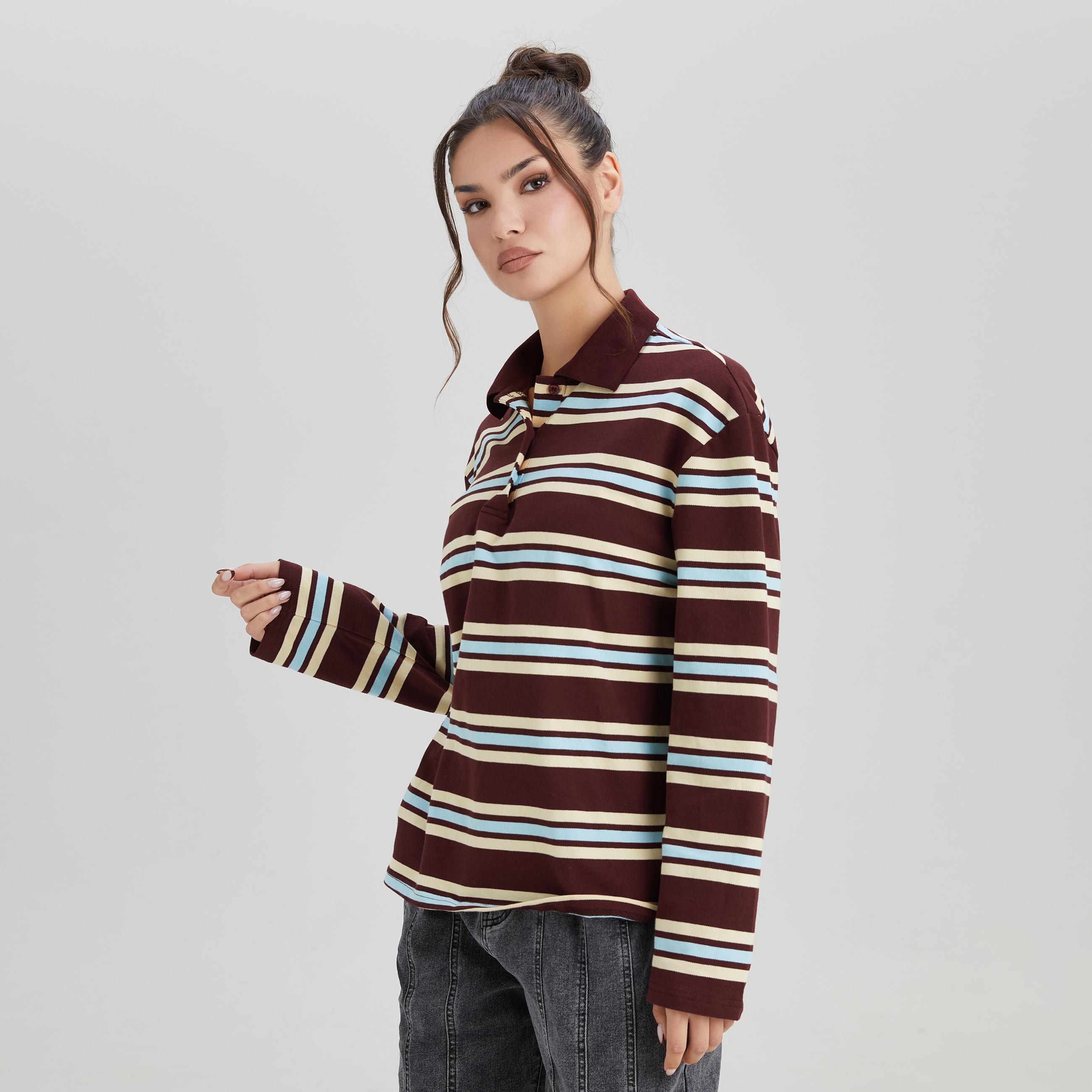 KatchMe Women's Casual Color-Matching Stripe Partial Button Long Sleeve Top, Versatile Striped Cotton Polo Shirt, Comfort Loose Streetwear