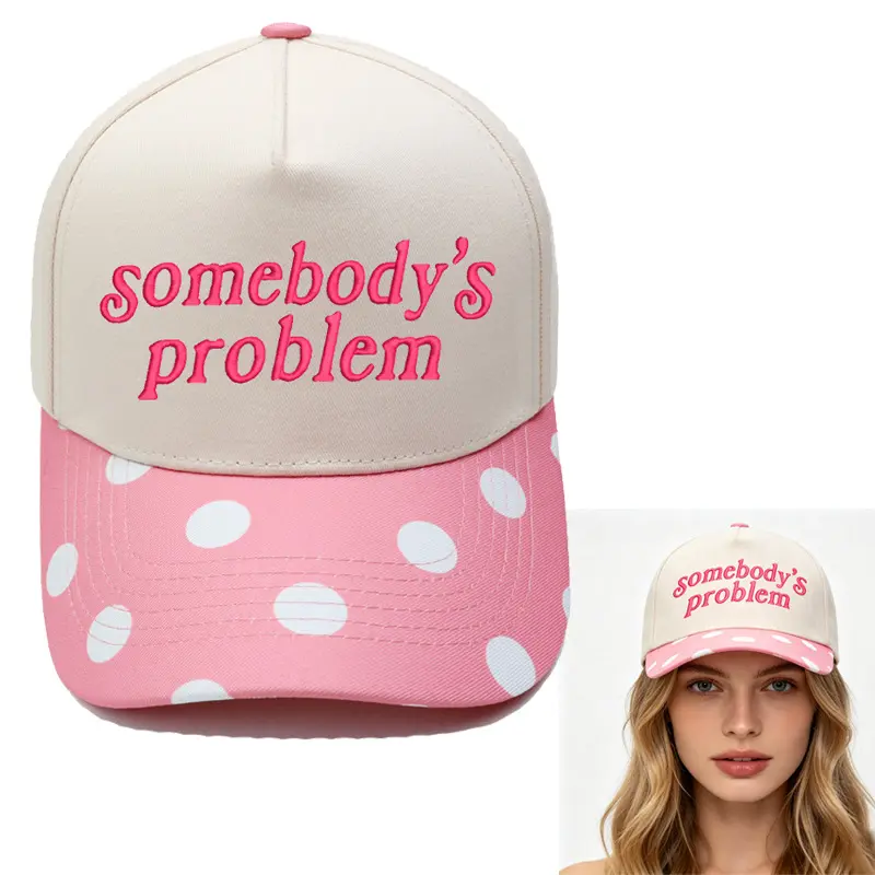 Funny Retro Somebodys Problem Embroidered Baseball Cap Playful Pink Polka Dot Brim Trucker Hat Sassy Slogan Coquette Aesthetic Adjustable Structured Cap Gift for Her Casual Streetwear