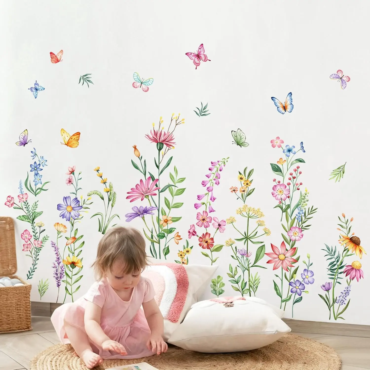 Flower Wall  Watercolor Wildflower Grass Butterflies Wall Stickers Peel and Stick Vinyl Decal for Girls Bedroom Living Room  Office