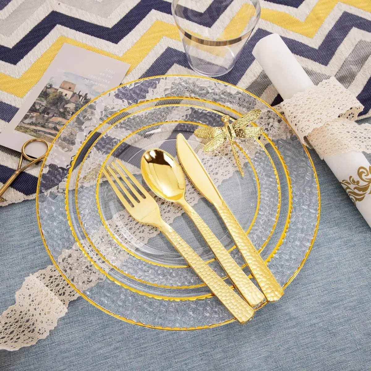 25pcs Transparent Bronzing Plate Disposable PS Hard Plastic Tableware Dragon Pattern Golden Edge Relief Plate Multi-color European Plate