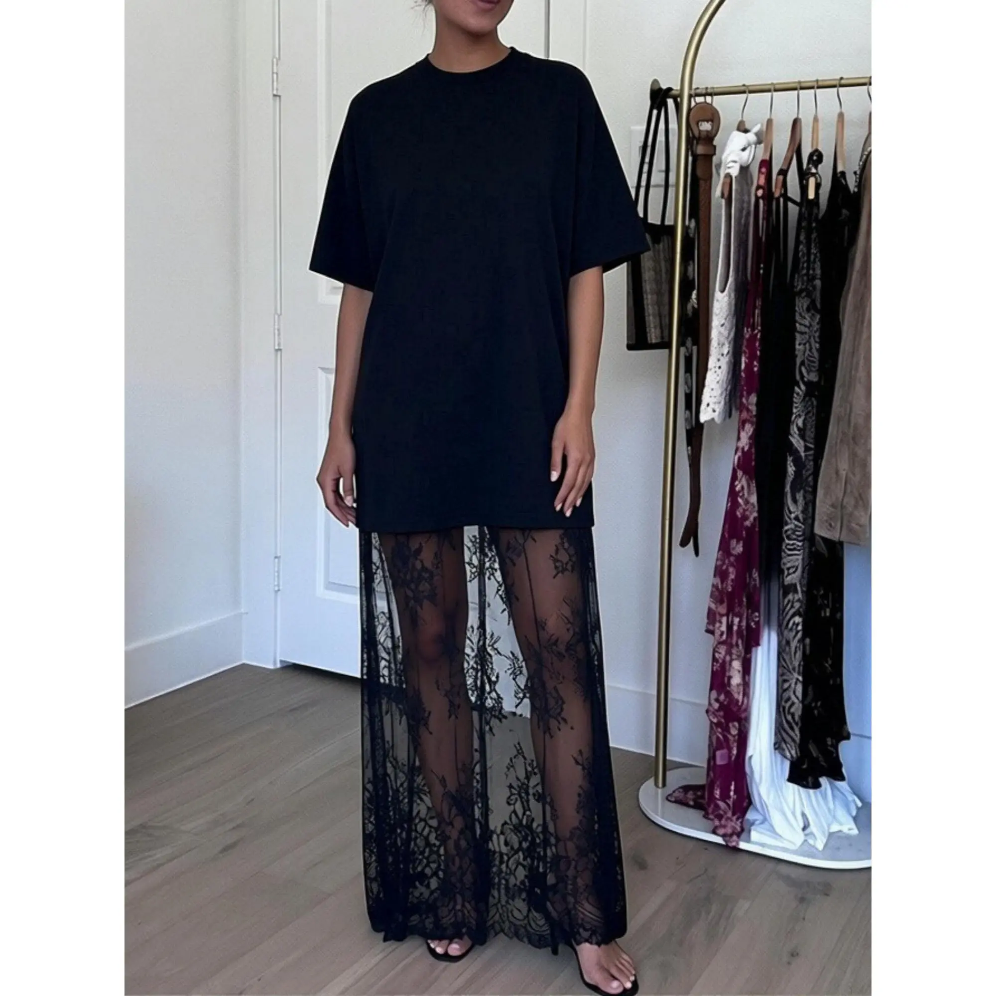 Summer Women Dress y2k Clothes Crew Neck Short Sleeve Loose Fit Lace Patchwork Shirt Dress