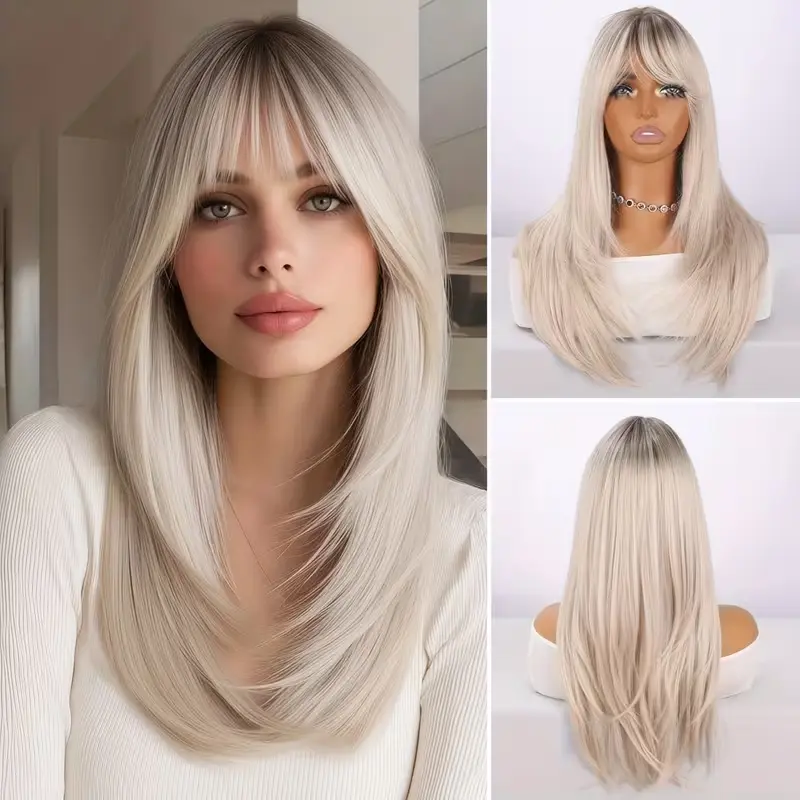 26 Inch Ash Blonde Gradient Layered Straight Synthetic Wig With Air Bangs| Rose Mesh Wig Cap, Beginner Friendly For Workplace, Daily Styling, Nightclub, Party, Concert & Halloween Matching