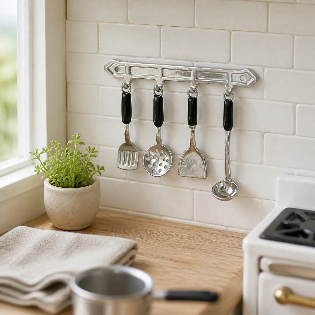 Miniature Dollhouse Kitchen Utensil Wall Rack 5-Piece Set, Gold or Silver Option Sold Separately, Spatula Skimmer Ladle Kitchen Accessory