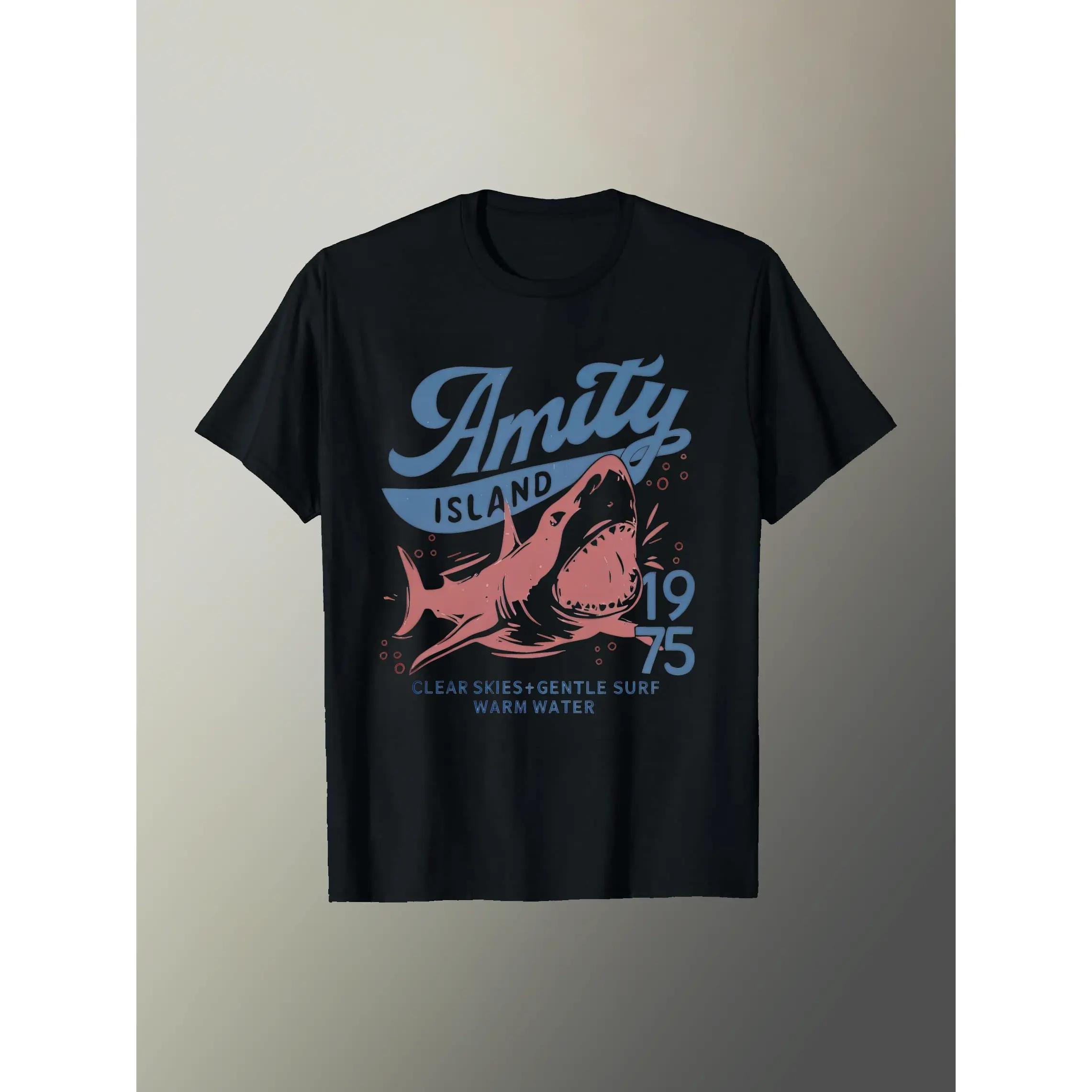 Retro Jaws Movie Print Short Sleeve T-Shirt - Soft Loose-Fitting Crewneck Top for Casual Streetwear, Unisex Amity Island 1975 Gift for Vintage Film Fans, Size S