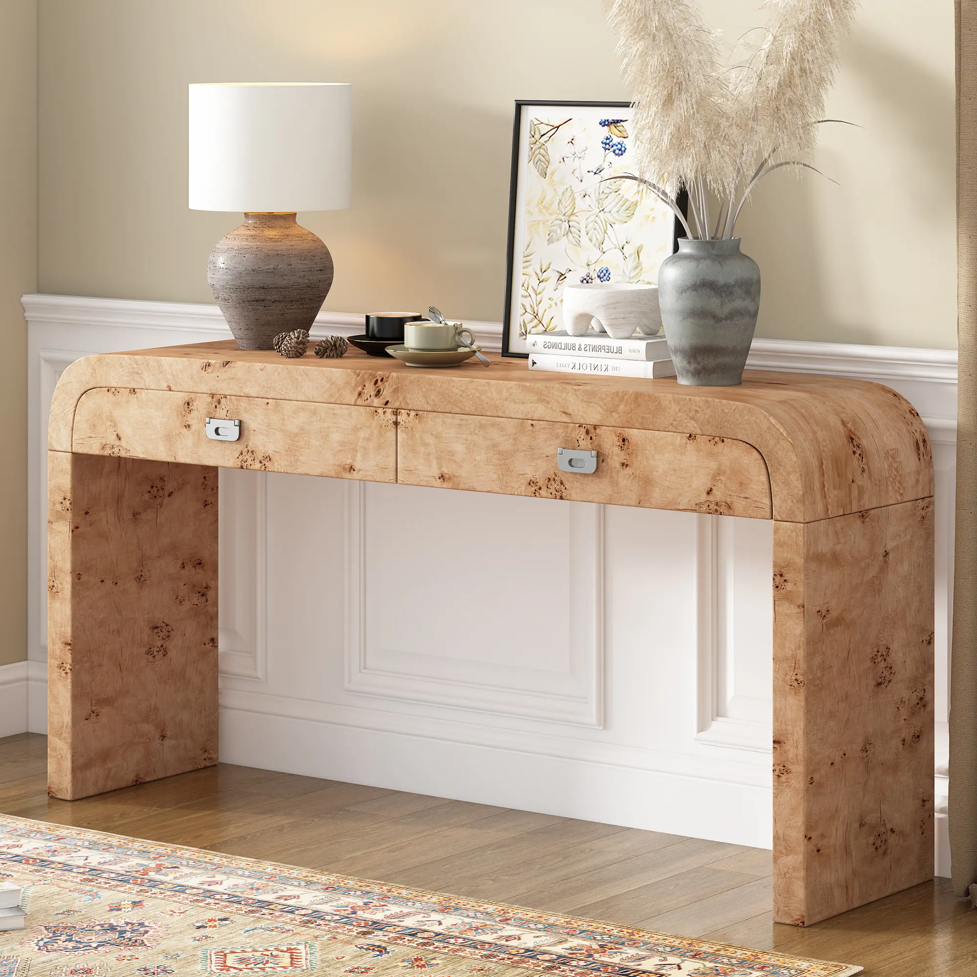 ARCH 60 Inch Wooden Console Table with Burl Veneer, Entryway Sofa Table with 2 Drawers and Zinc Handles, Sturdy MDF Hallway Table for Living Room, Foyer, Office, Natural Wood Brown, Natural Wood+Brown Color Options, Wood Material, Product Dimensions: