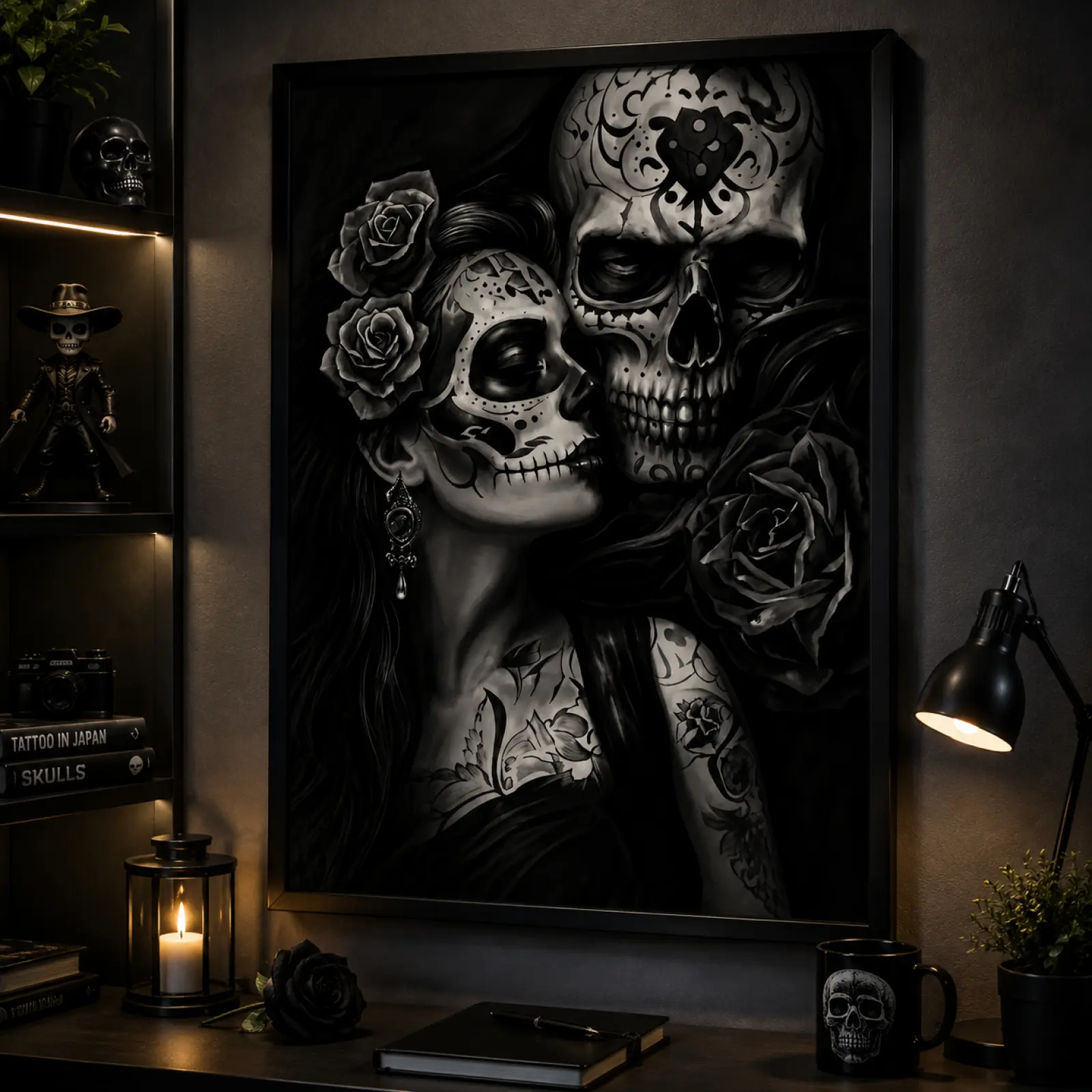 Black White Sugar Skull Couple Canvas Poster,Vintage Gothic Wall Art Print,Day of the Dead Decor,Skull Lover Gift,Unique Wall Decor for Bedroom,Living Room,Man Cave,Goth Room,Perfect Gift for Goth & Skull Lovers