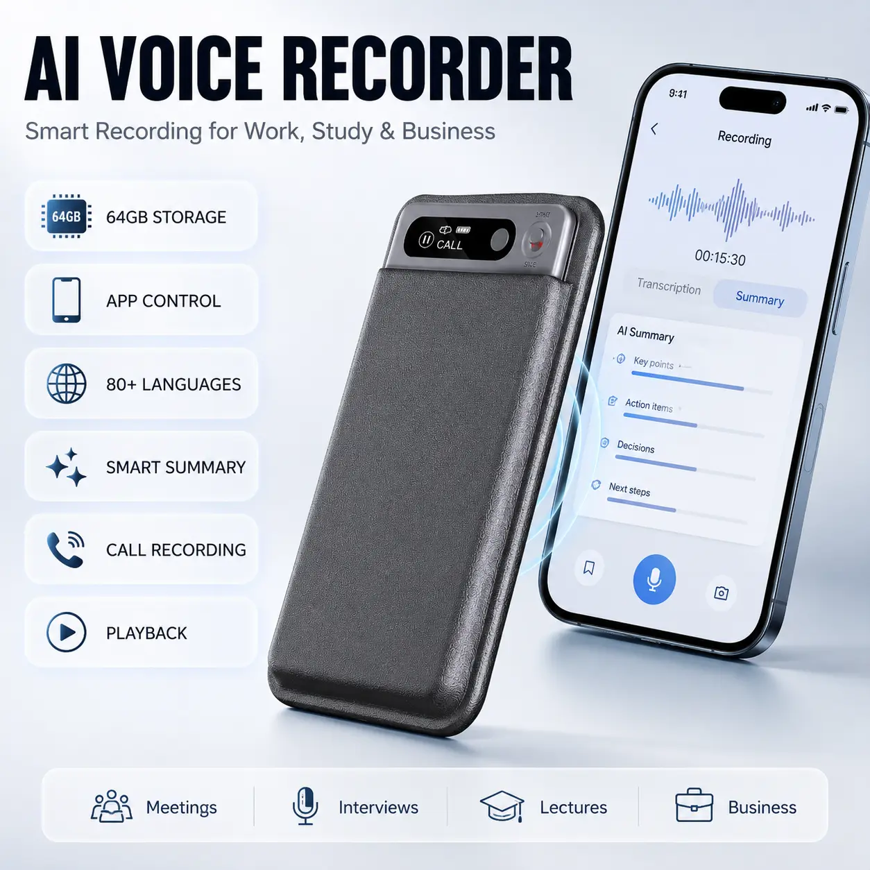 Magnetic AI Voice Recorder with 64GB Storage, App Control, 80+ Language Transcription, Smart Summaries, Phone Call Recording & Built-In Playback for Meetings, Interviews, Lectures and Business Use