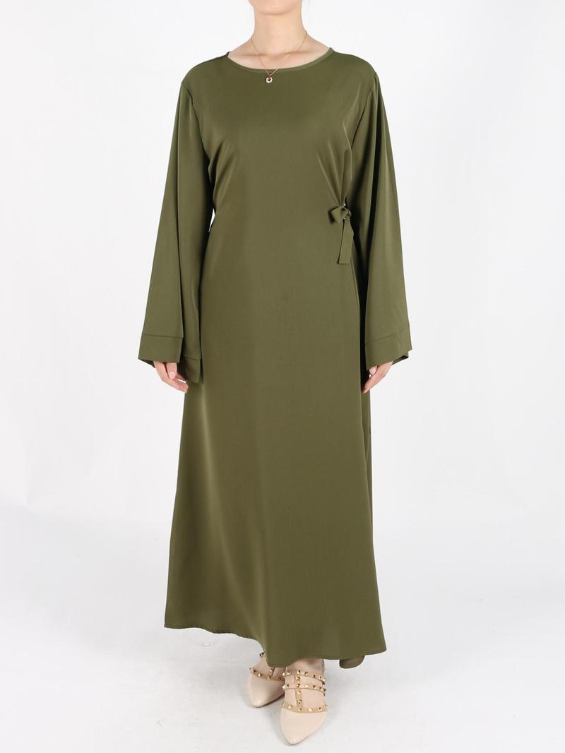 Women's Solid Belted Long Sleeve Kaftan Dress, Modest Round Neck Long Dress for Daily Wear, Casual Ladies Muslim Maxi Clothes for All Seasons, Modesty Muslim Clothing