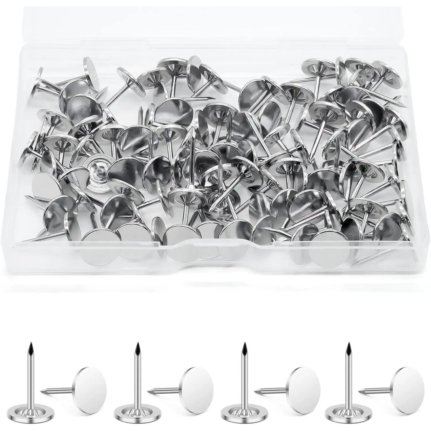 100 count Heavy Duty Thumb Tacks,Silvery Metal Flat Push Pins for Cork Board/Bulletin Board/Wall Extra Long Thumbtacks for  Needlepoint Tacks for Map Posters Office School