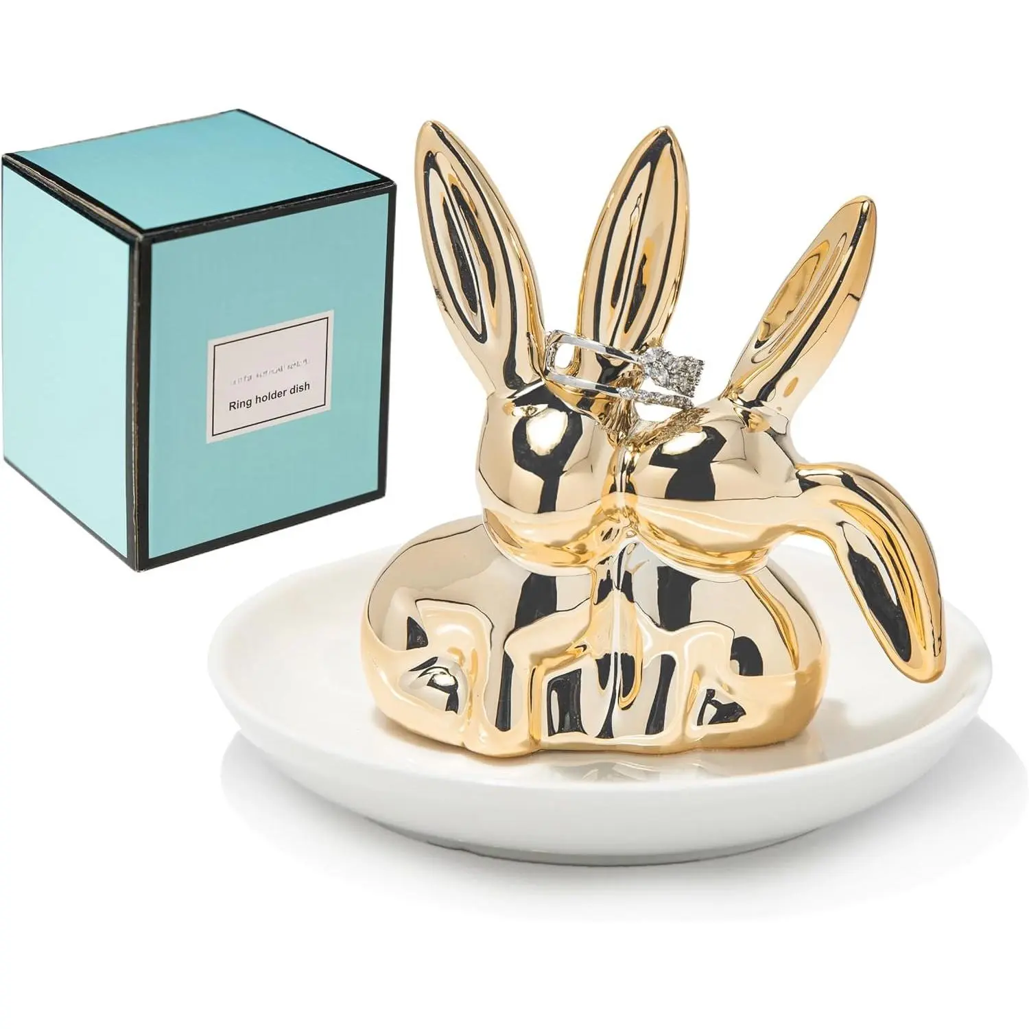 Bunny Ceramic   Holder Dish - Trinket Tray for Rings, Earrings, Necklace Organizer, Wedding Engagement Ring Holder (Golden)