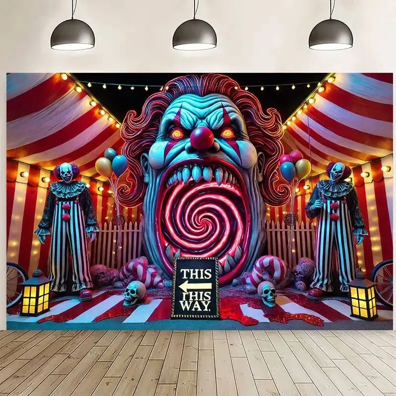 Horror Carnival Background Cloth with Clown and Skeleton Scene - Bright Neon Lights, Striped Tent Design for Halloween Decorations