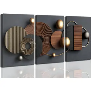 3D Textured Abstract Black Gold Geometric Canvas Wall Art - Mid Century Modern Boho Painting for Living Room Office Decor, 3 Pieces 12x16 Inch