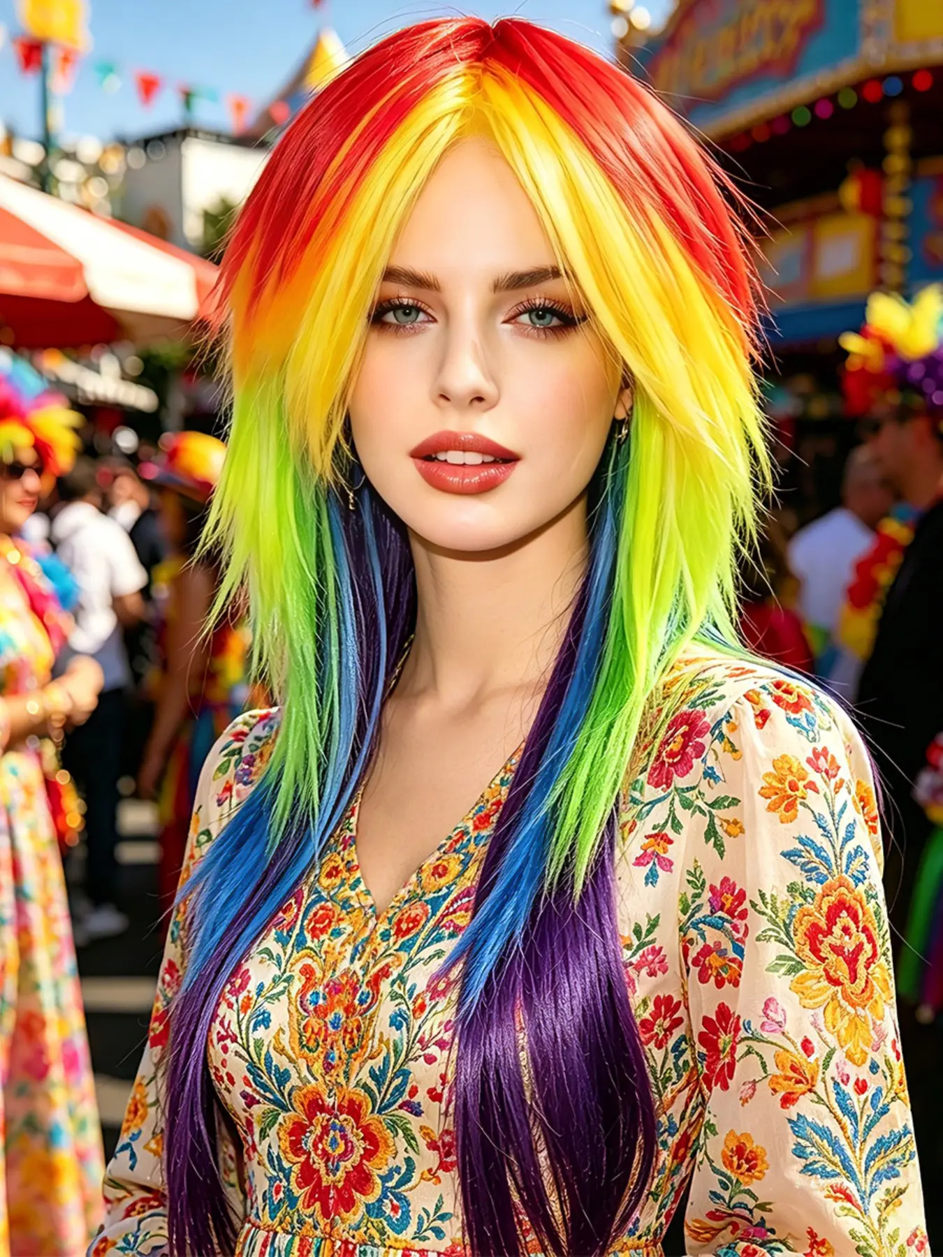 Women's Multi-Color Gradient Long Straight Fiber Wigs, Layered Smooth Bangs, Carnival Parade Cosplay Full Headpiece