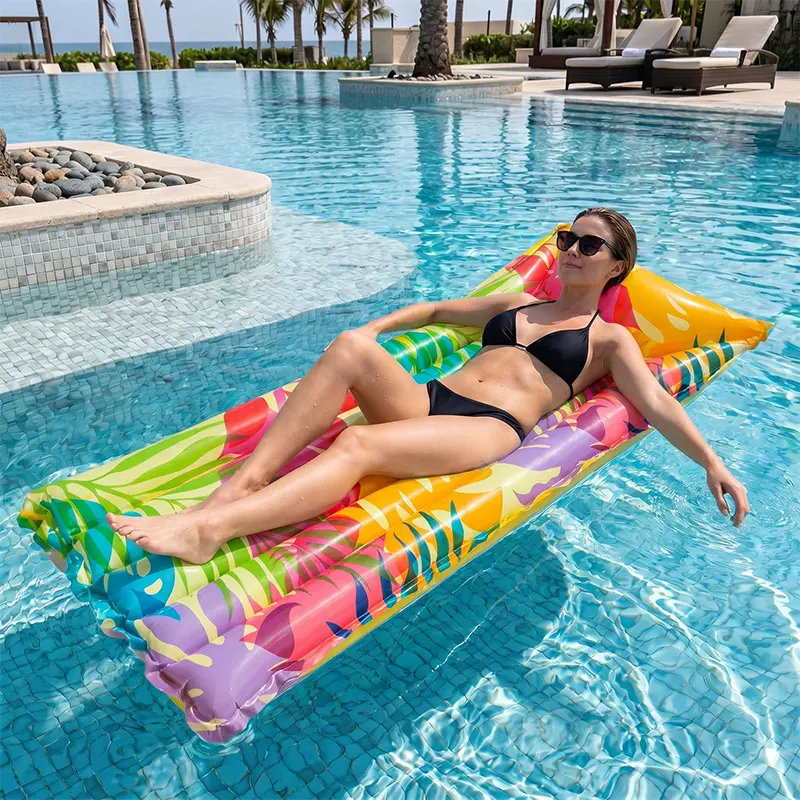 Inflatable Floating Pool Bed Rainbow Leaves Design Thickened PVC Summer Fun for Outdoor Relaxation Swimming