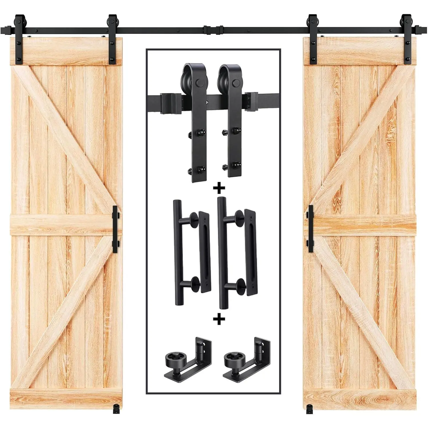 ARCH Heavy Duty 12FT Track Length Wooden Double Sliding Barn Door Hardware Full Kit Set - Basic Black Big Spoke Wheel Roller, Brackets, for 5-18FT Wooden Doors, Smooth Operation, Farmhouse Barn Shed Use